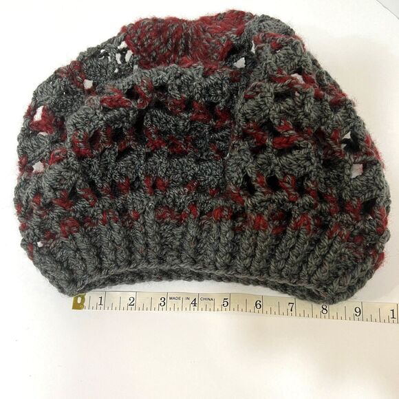Handmade Gray & Red Crochet Slouchy Beret Boho Hat Festival Vibes Unisex OS - Picture 8 of 9